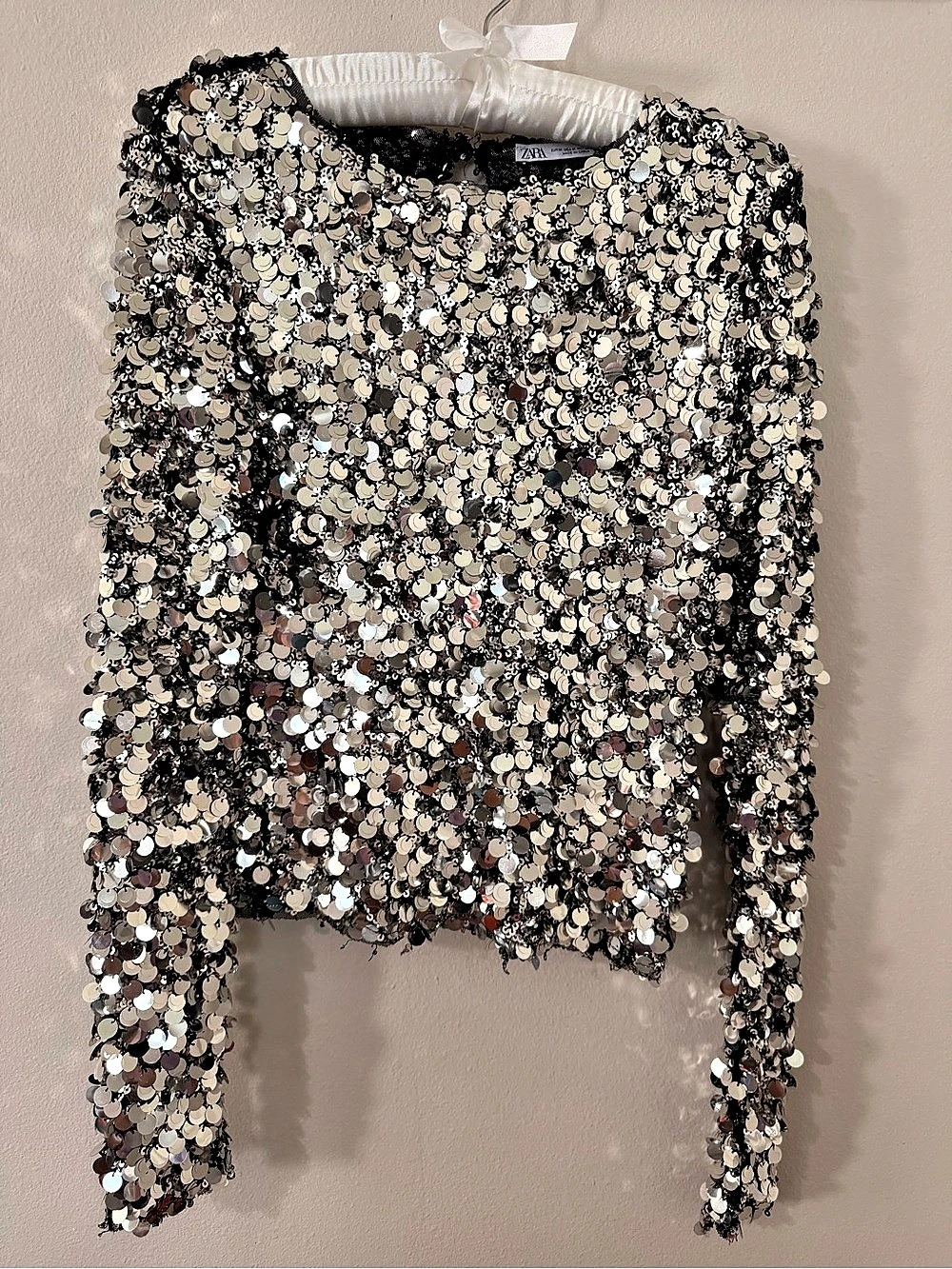 Zara Sequin Medium Long Sleeve Top in Black & Silver